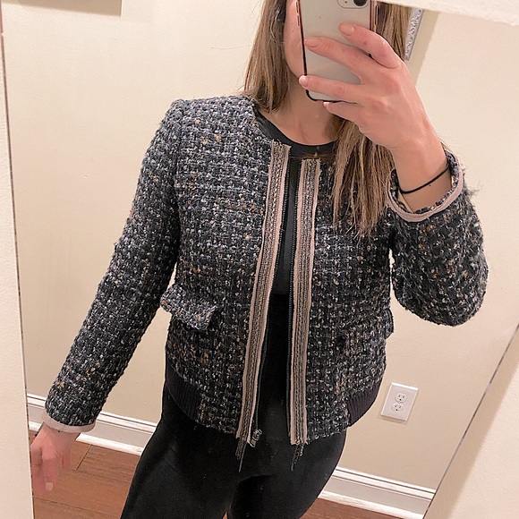 LOFT Tweed Zip Up Blazer Jacket w Chain Size S NWT - Picture 4 of 11